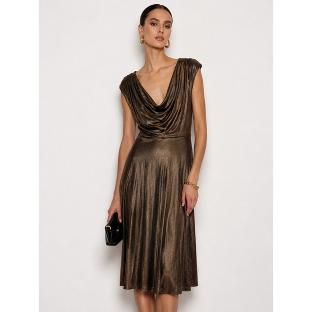 Nine Britton Bronze Metallic Cowl Neck Cocktail MIdi‎ Dress XLP New with Pockets